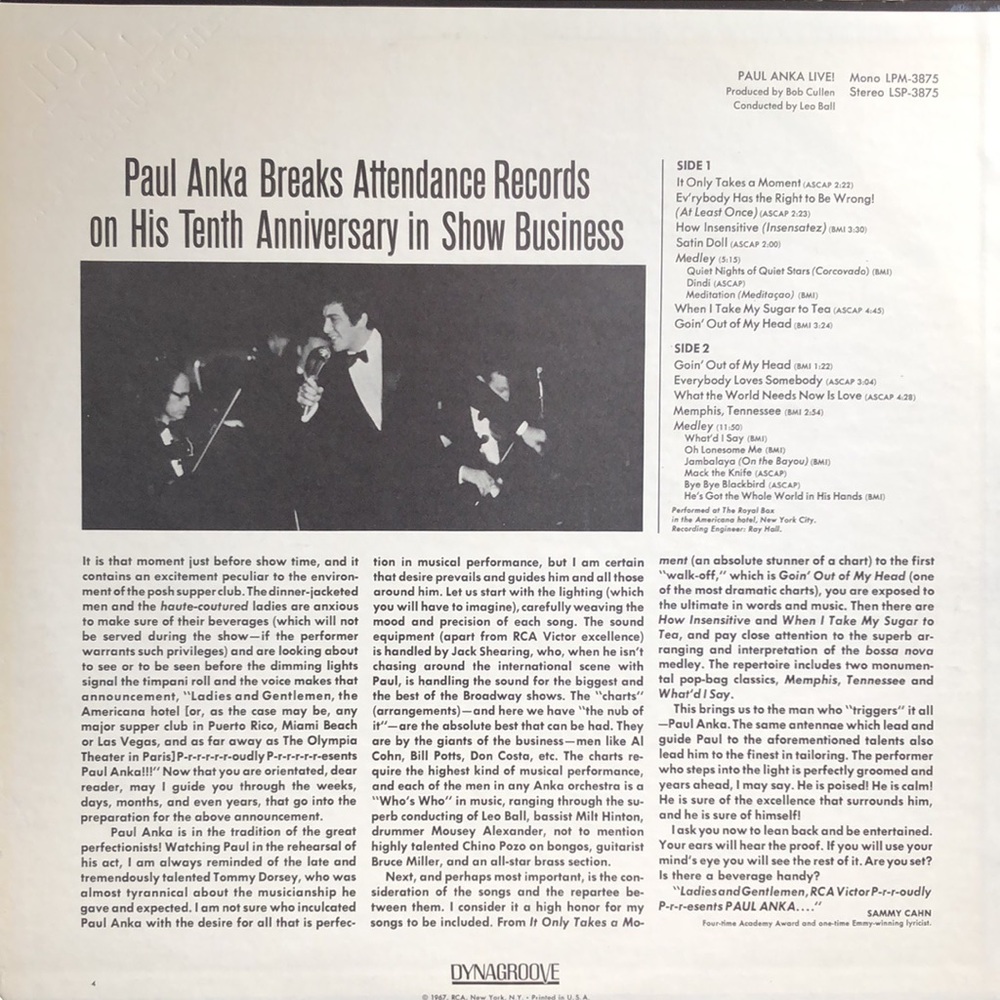 Paul Anka Live! Vinyl Lp '67